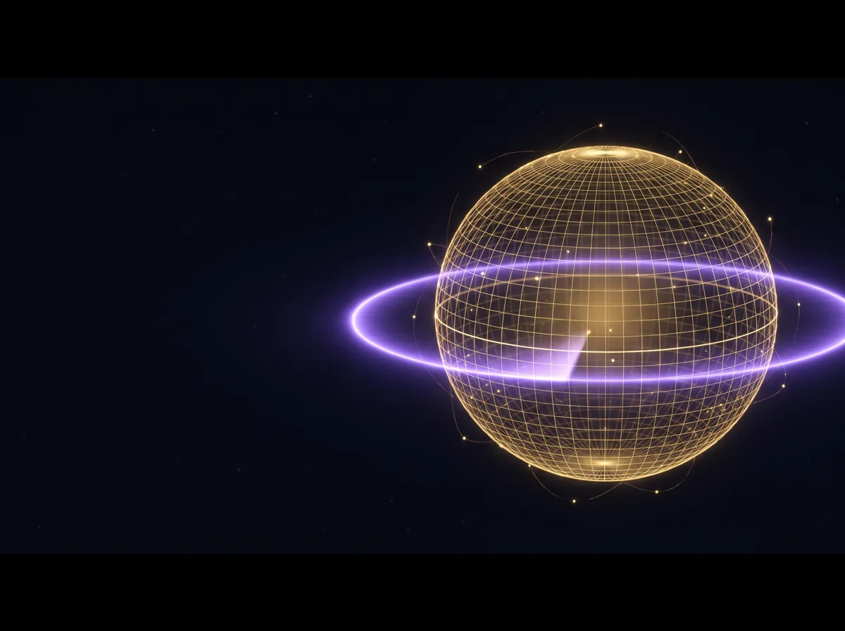 Gold wireframe sphere with a violet radar ring, representing always-on AI monitoring