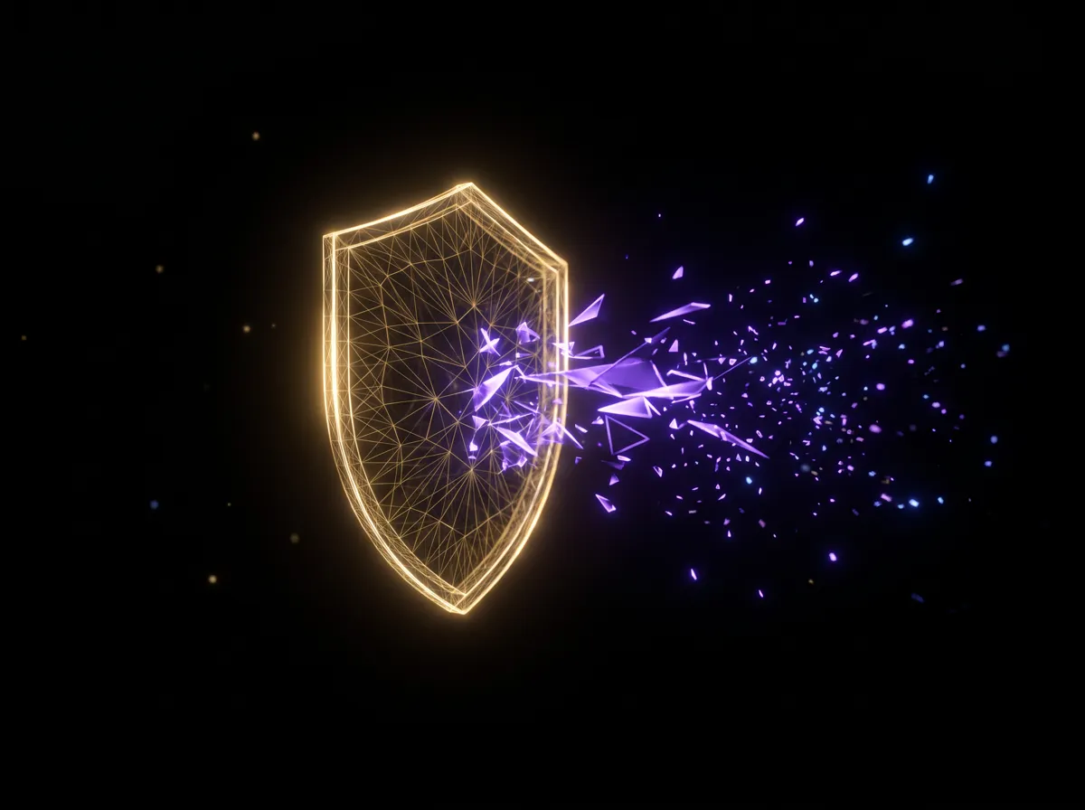 Gold wireframe shield deflecting violet light fragments, representing anti-prompt-injection defense